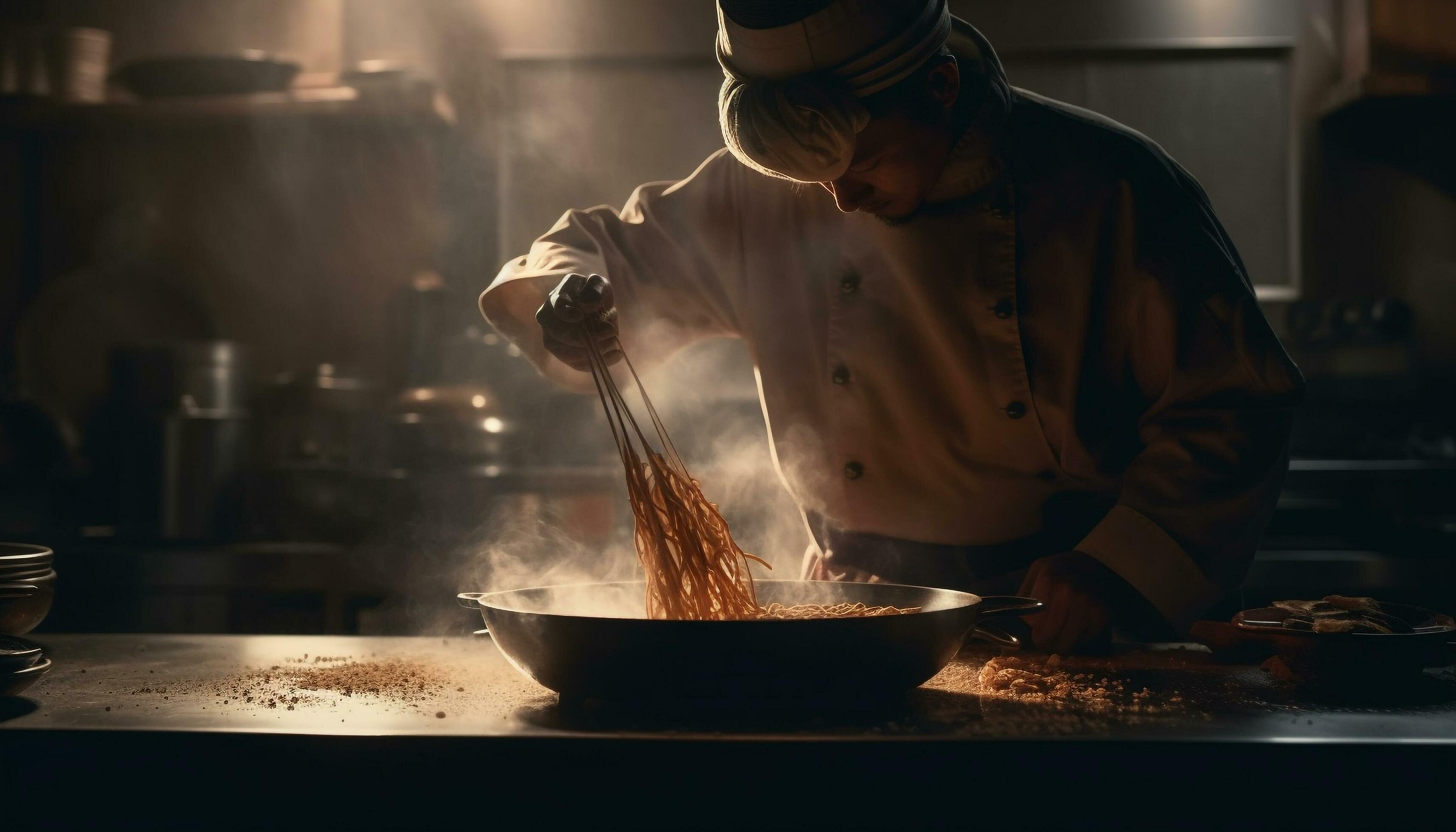 One man cooking in commercial kitchen, preparing food generated by AI Stock Free