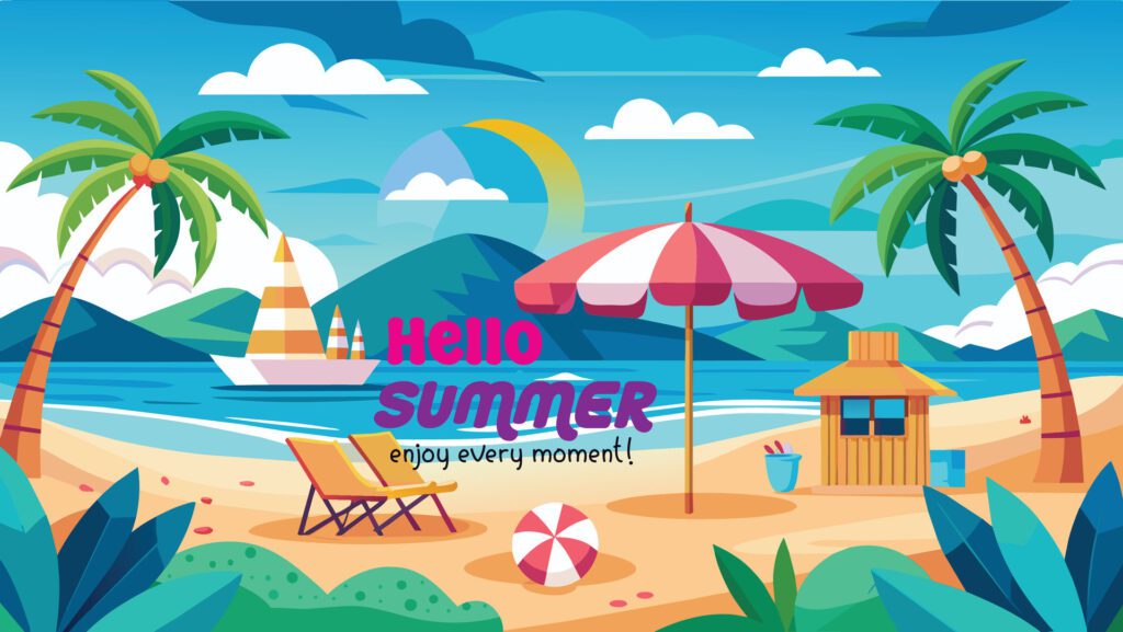 Summer beach scene banner design background Free Vector