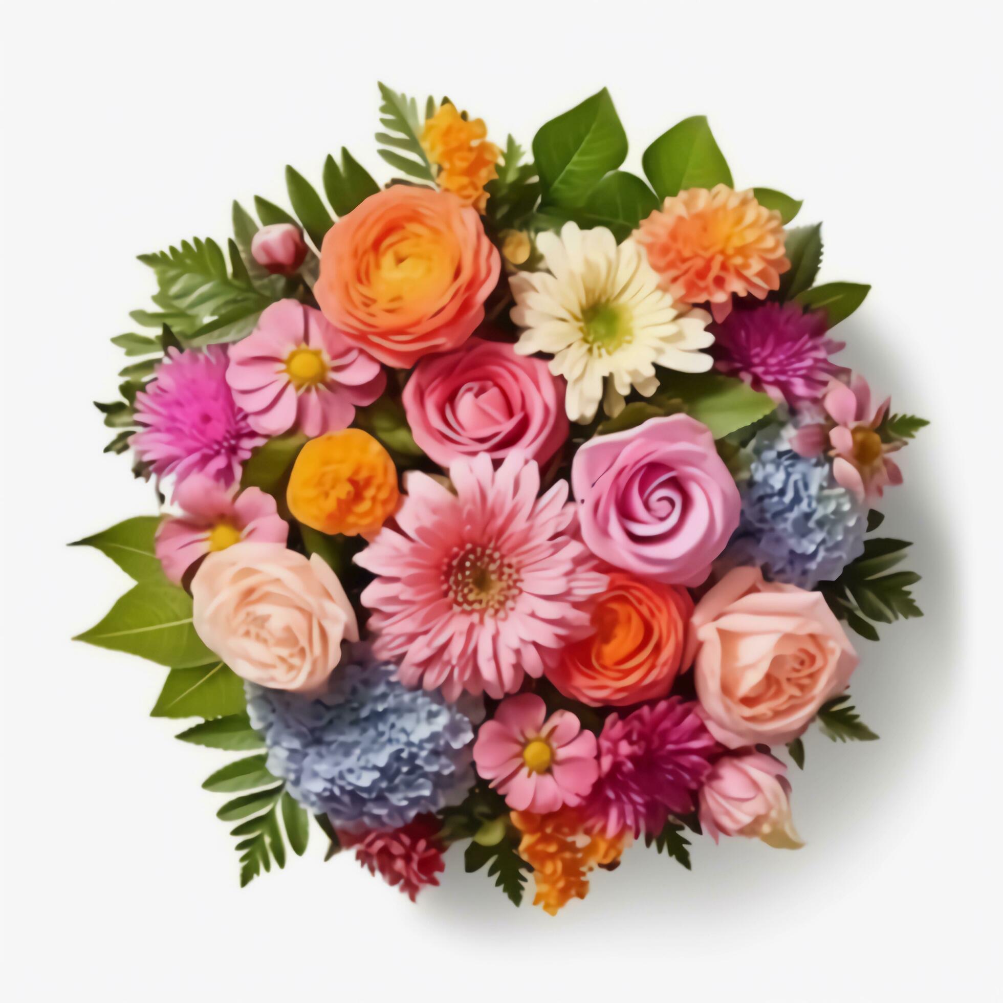 A top view of a bouquet of various colorful flowers. Isolated white background. AI Generated. Stock Free