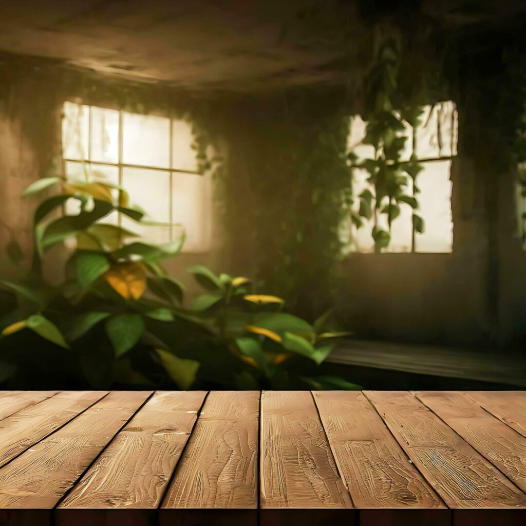 Empty rustic wooden table with some plants, Ai Generative Stock Free