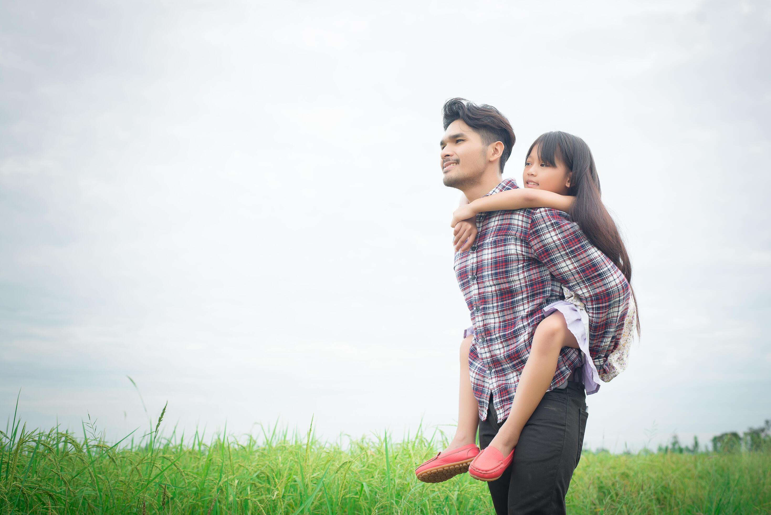 Happy Father and little girl playing at the meadows field, enjoying together. Stock Free