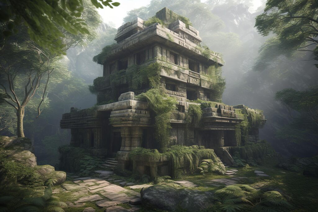 illustration of ancient temple ruins in a jungle Stock Free