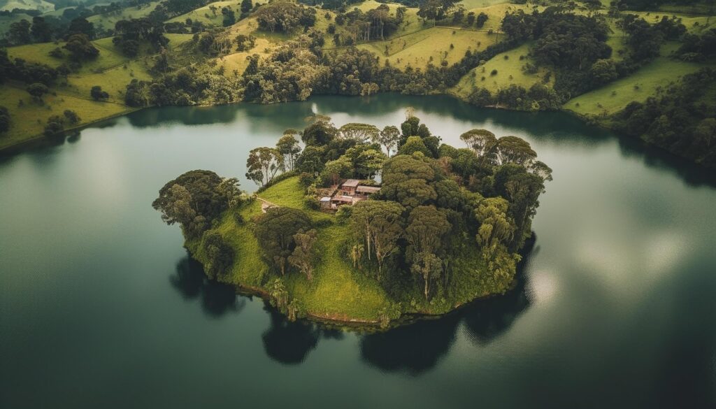 Green mountain range reflects in tranquil pond below generated by AI Stock Free