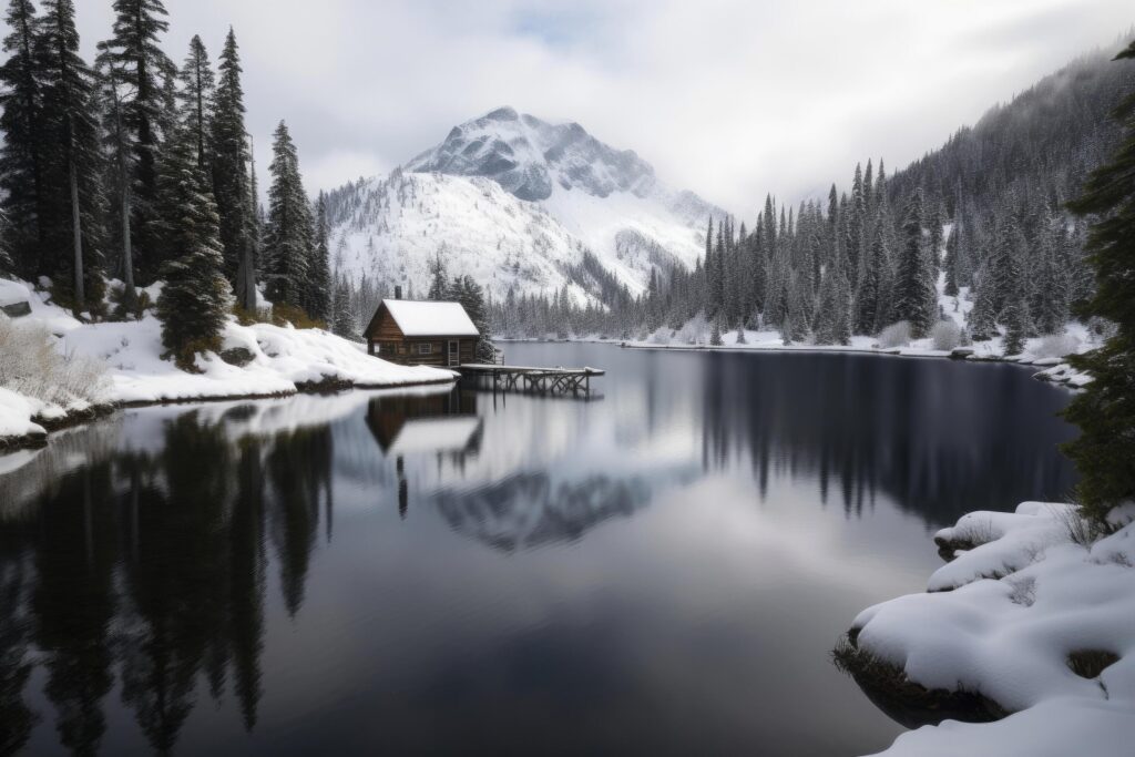 a rustic cabin sits perched on the shore, surrounded by snow-covered trees, Stock Free