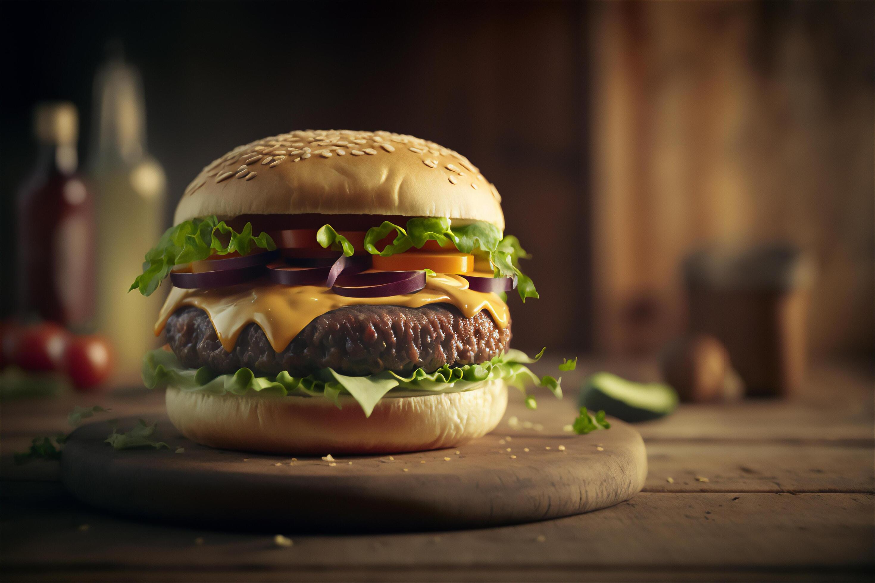 Tasty homemade hamburger on rustic wooden table. Copy space. Advertising. . Fast food snack Stock Free