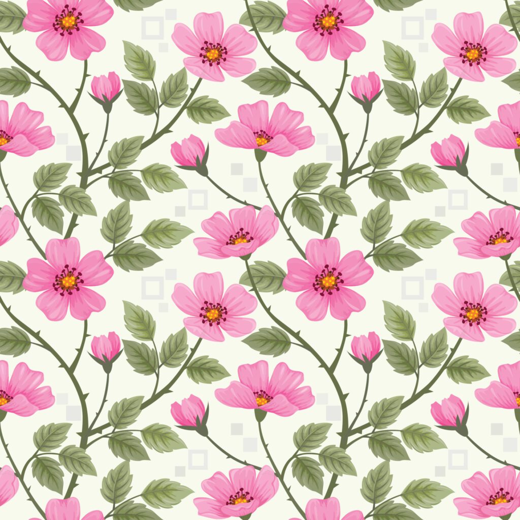 Pink wild rose flowers seamless pattern. Free Vector