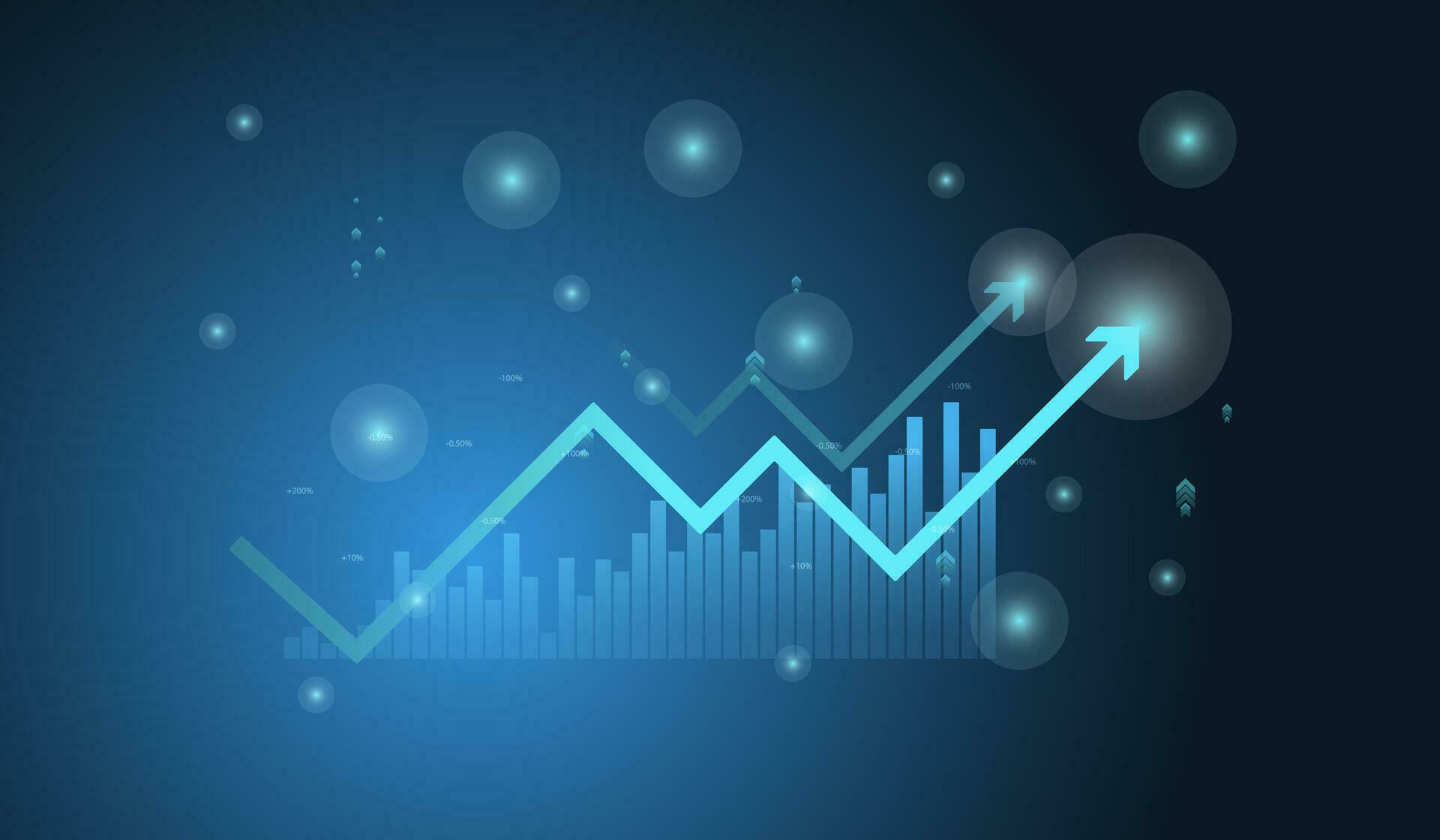 A Financial chart with moving up arrow graph and world map in stock market on blue color background vector Stock Free