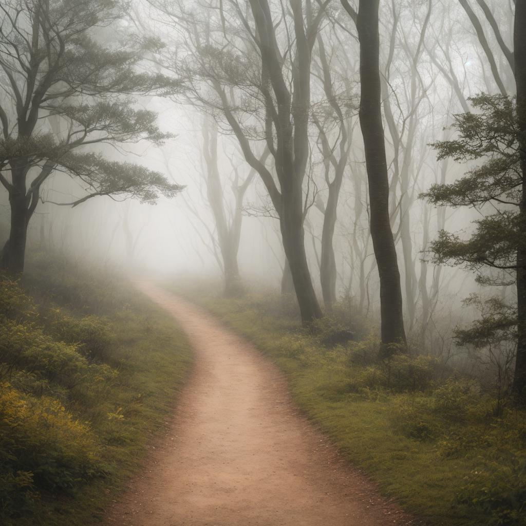 Hiking trail, misty morning, by @ai_generated