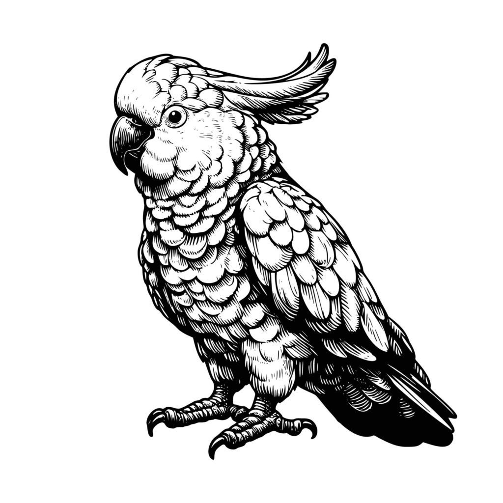 cockatoo bird animal illustration. black and white hand drawn cockatoo illustration isolated white background Free Vector