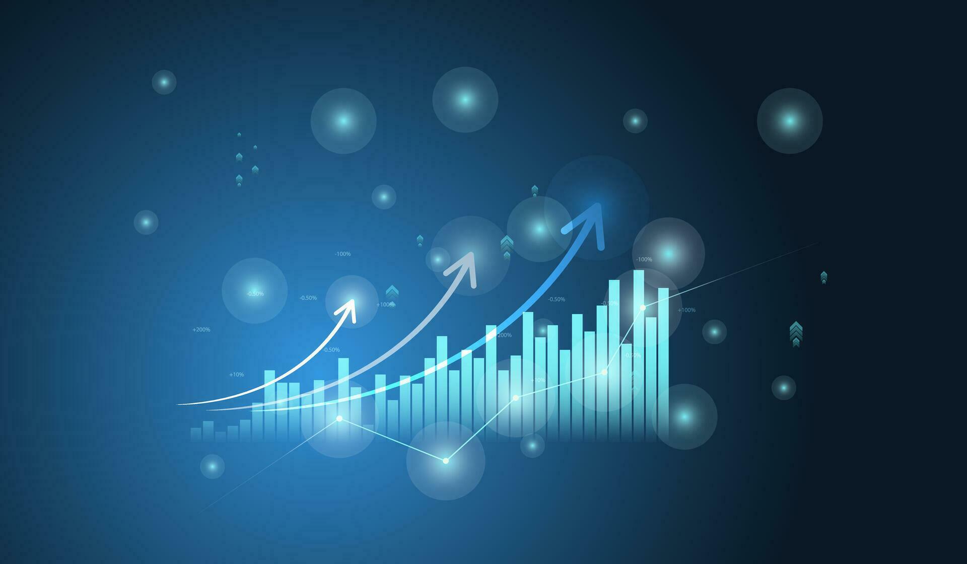 Business and Financial chart with moving up arrow graph in stock market on blue color background vector Stock Free