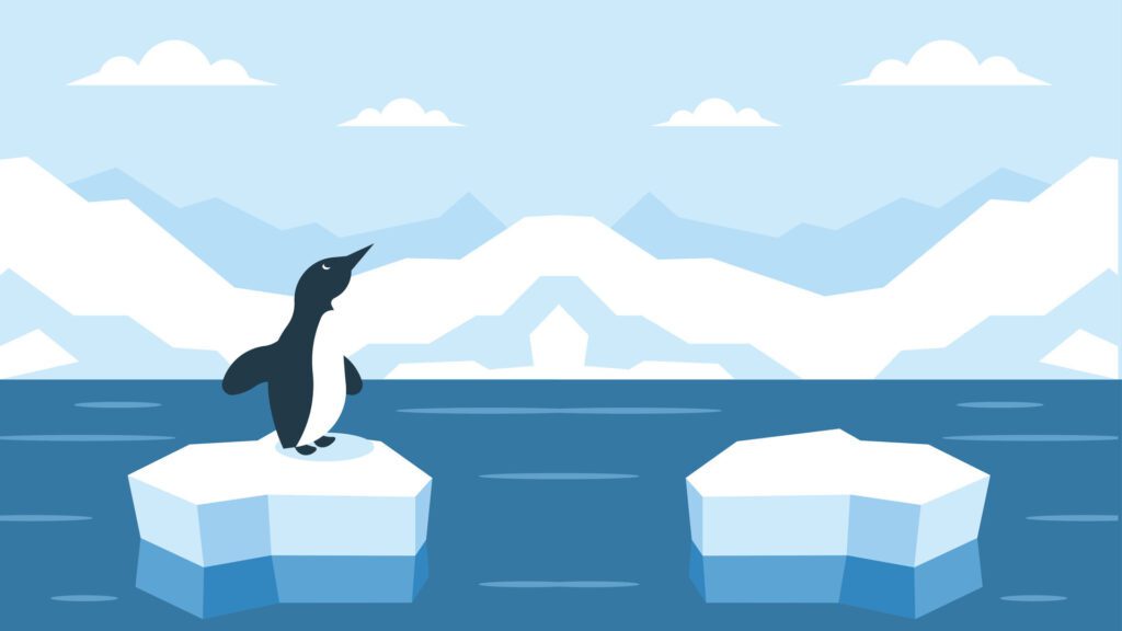 penguin stands on ice in the arctic and ice mountains in the background illustration Free Vector