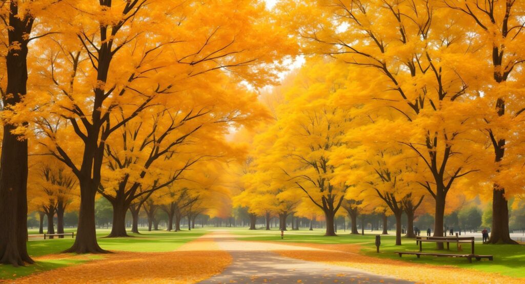 Empty park path lined with benches under vibrant autumn trees Free Photo