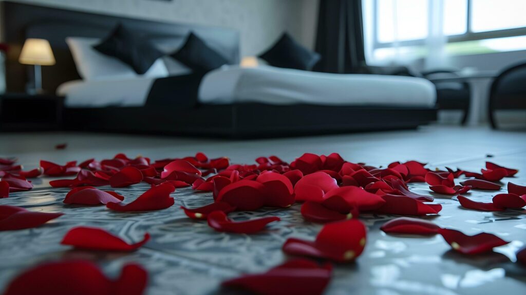 Luxurious Modern Bedroom Adorned with Vibrant Red Petals Free Photo