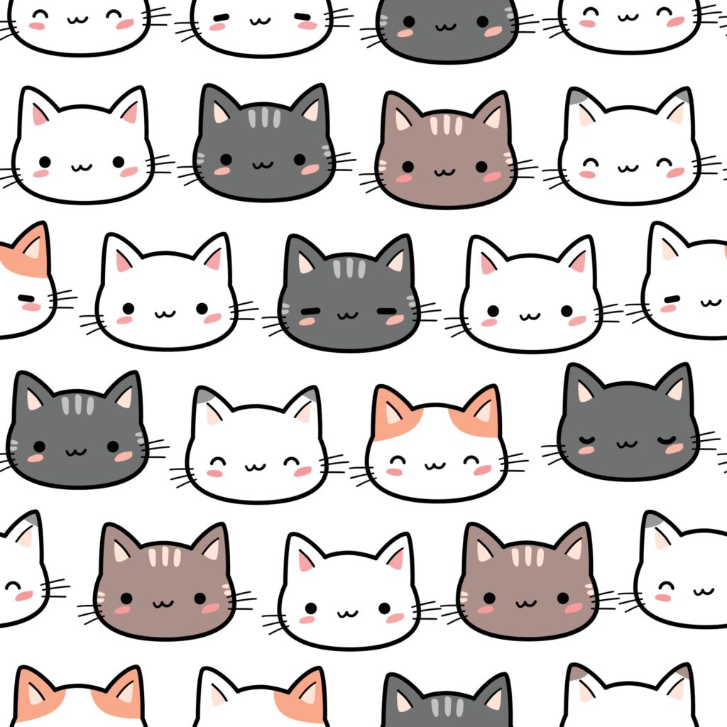 Cute cat kitten head cartoon doodle seamless pattern Free Vector