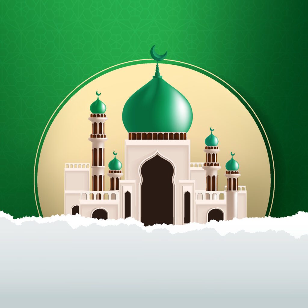 This is a picture of a mosque with a green background and a gold circle in the middle Free Vector