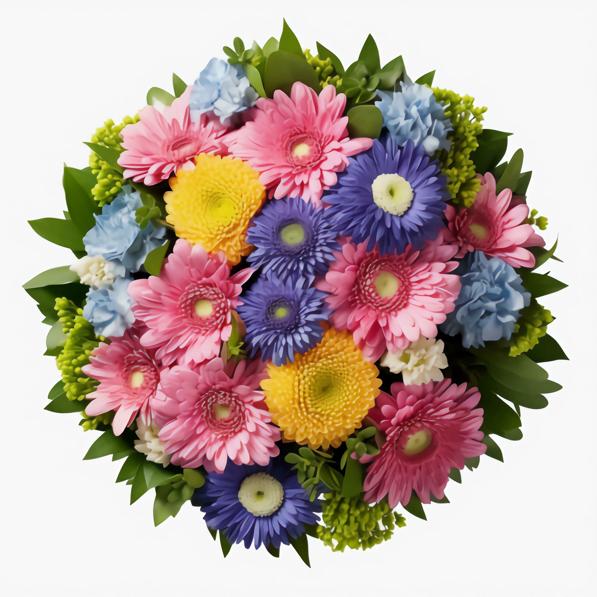 A top view of a bouquet of various colorful flowers. Isolated white background. AI Generated. Stock Free