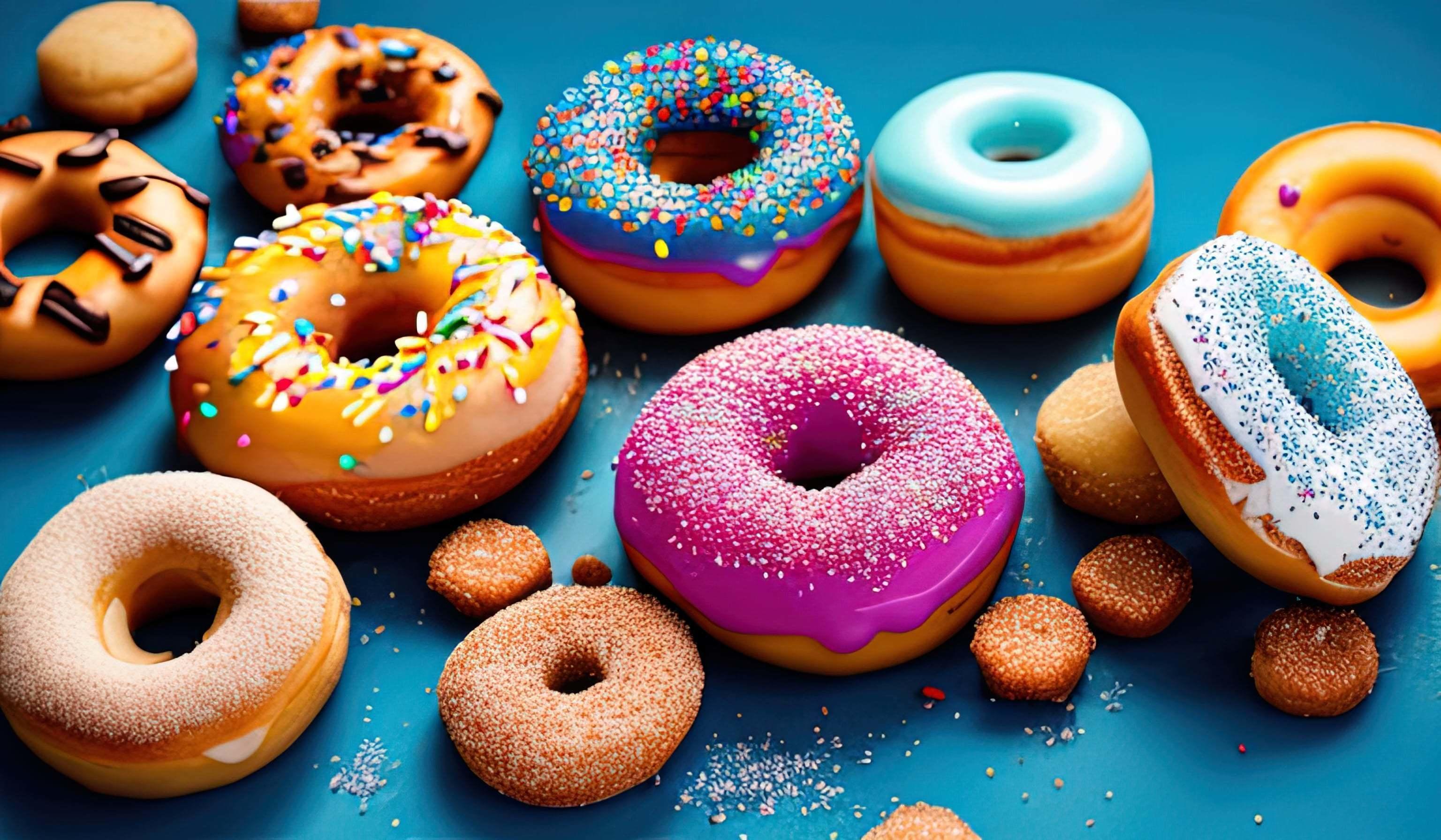 professional food photography closeup of Various decorated moving doughnuts falling on blue background Stock Free