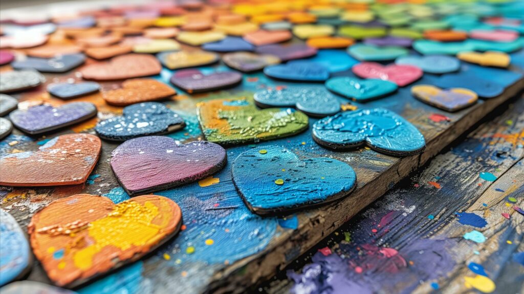 Rainbow painted hearts on a wooden table. Generative AI Free Photo