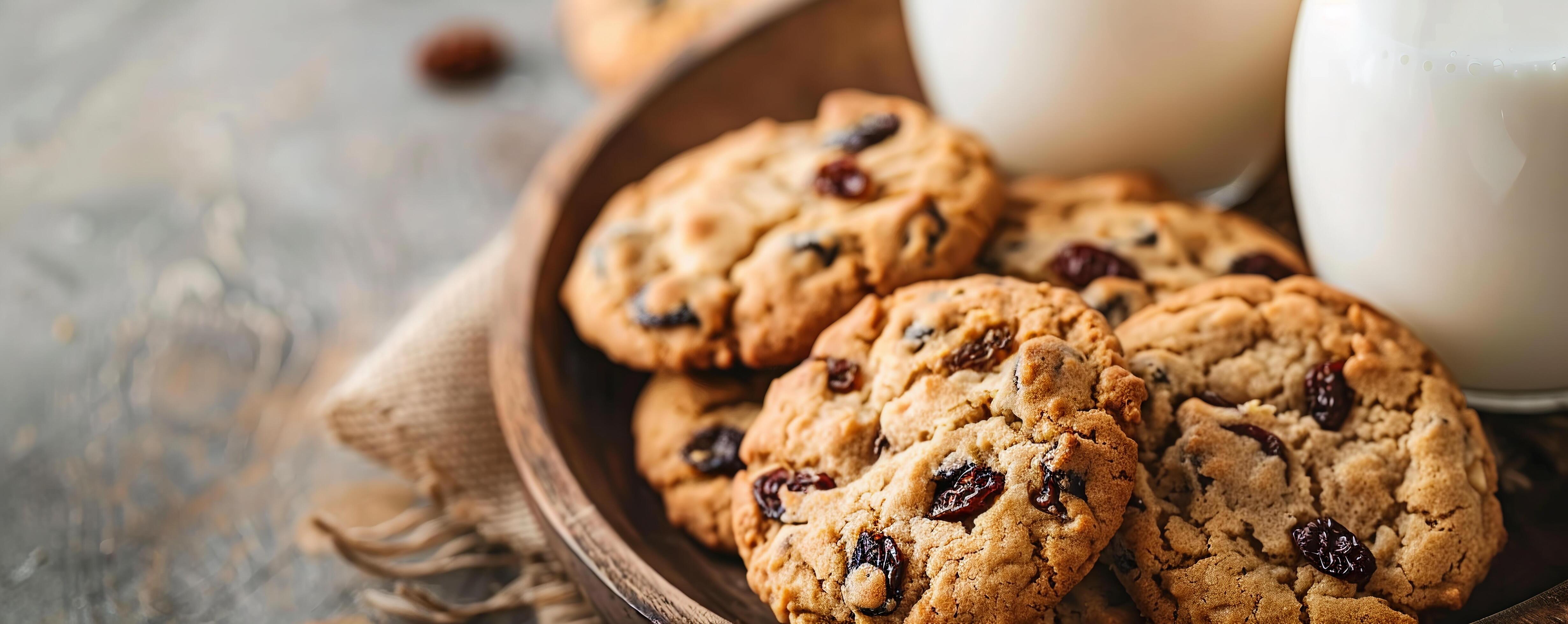 Chewy oatmeal cookies with raisins and a hint of cinnamon, served with milk. Stock Free