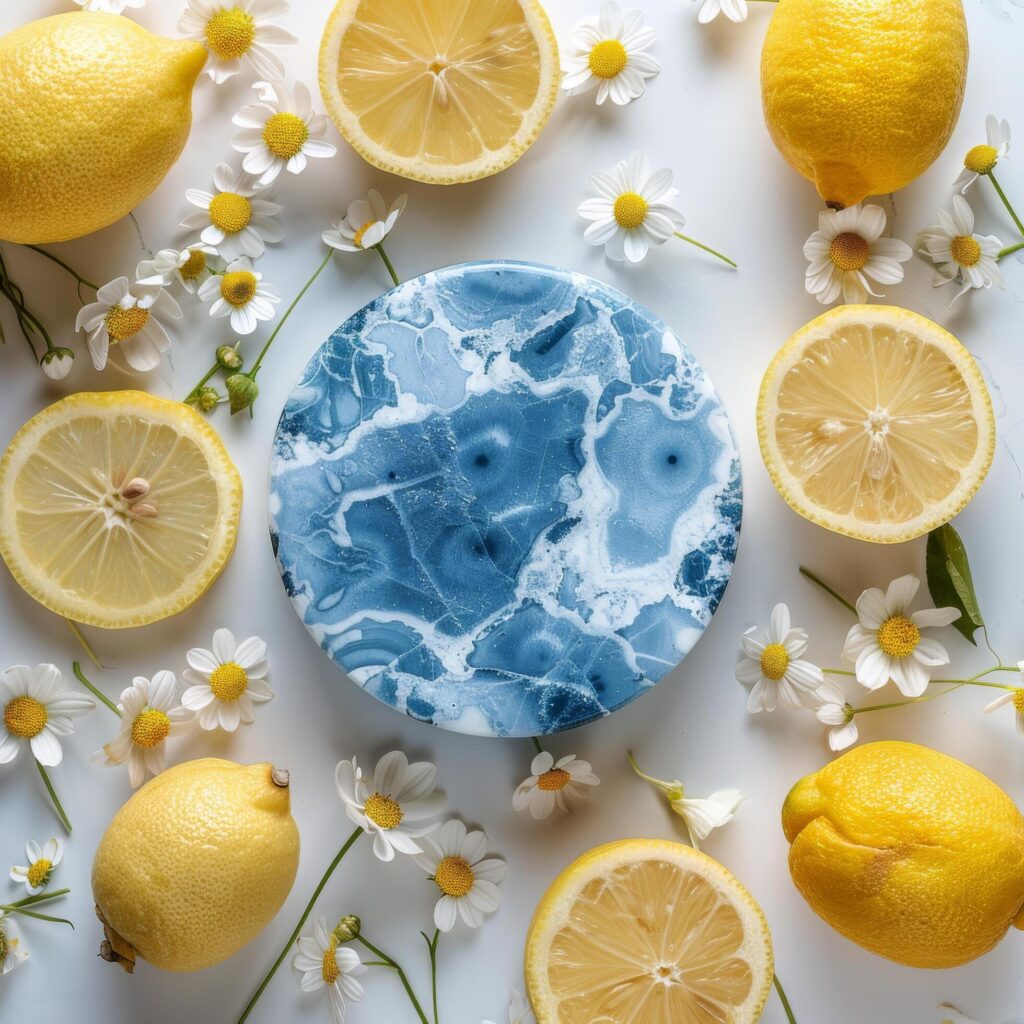 Blue Swirl Cake With Lemon and Daisies on a White Background Stock Free