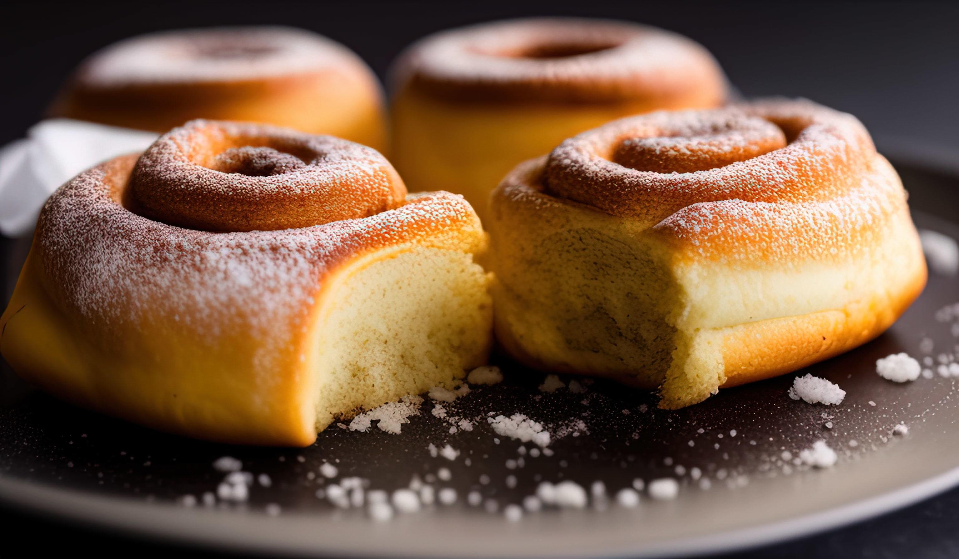 dvertising professional food photography close up of a pile of cinnamon rolls covered in sugar Stock Free