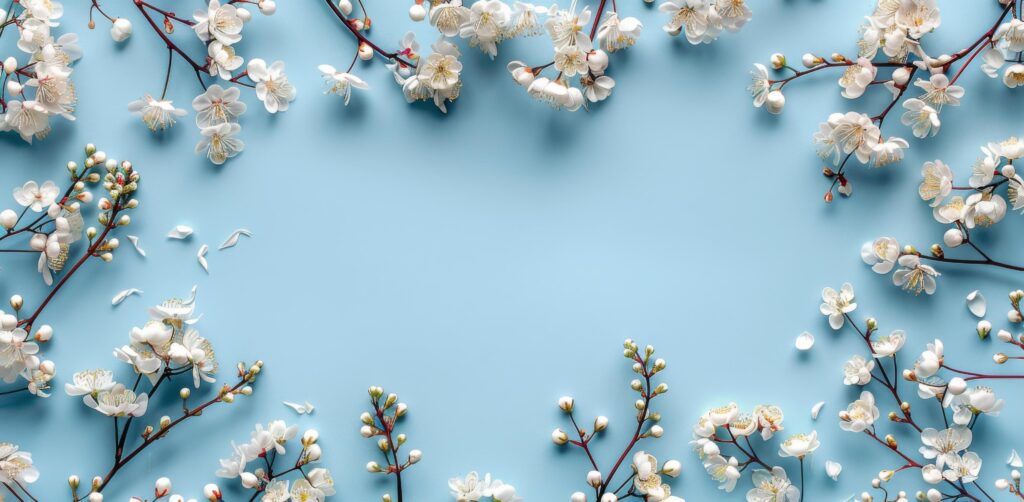 White Blossom Branches on a Blue Background Stock Free