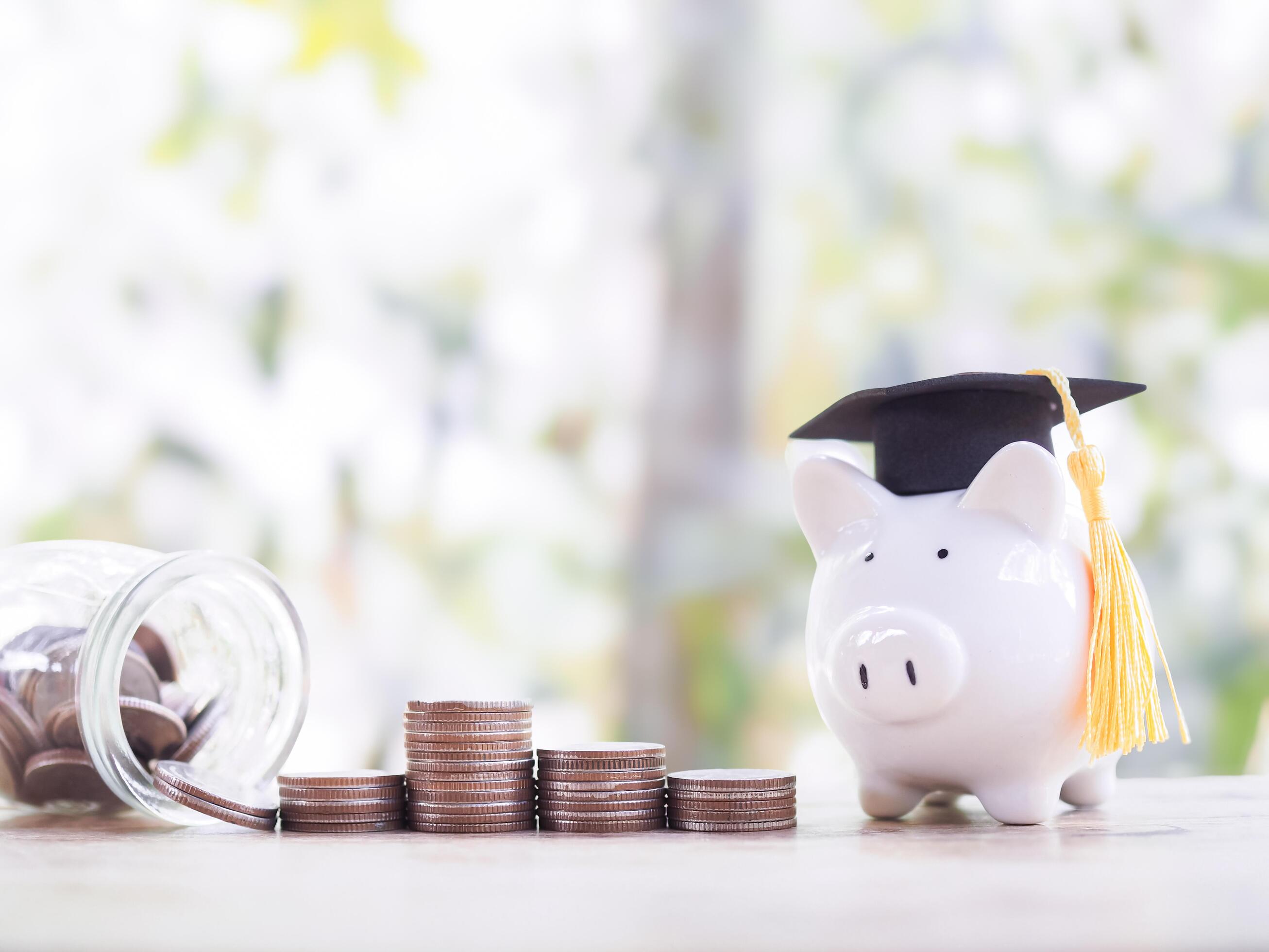 Piggy bank with graduation hat and stack of coins. The concept of saving money for education, student loan, scholarship, tuition fees in the future Stock Free