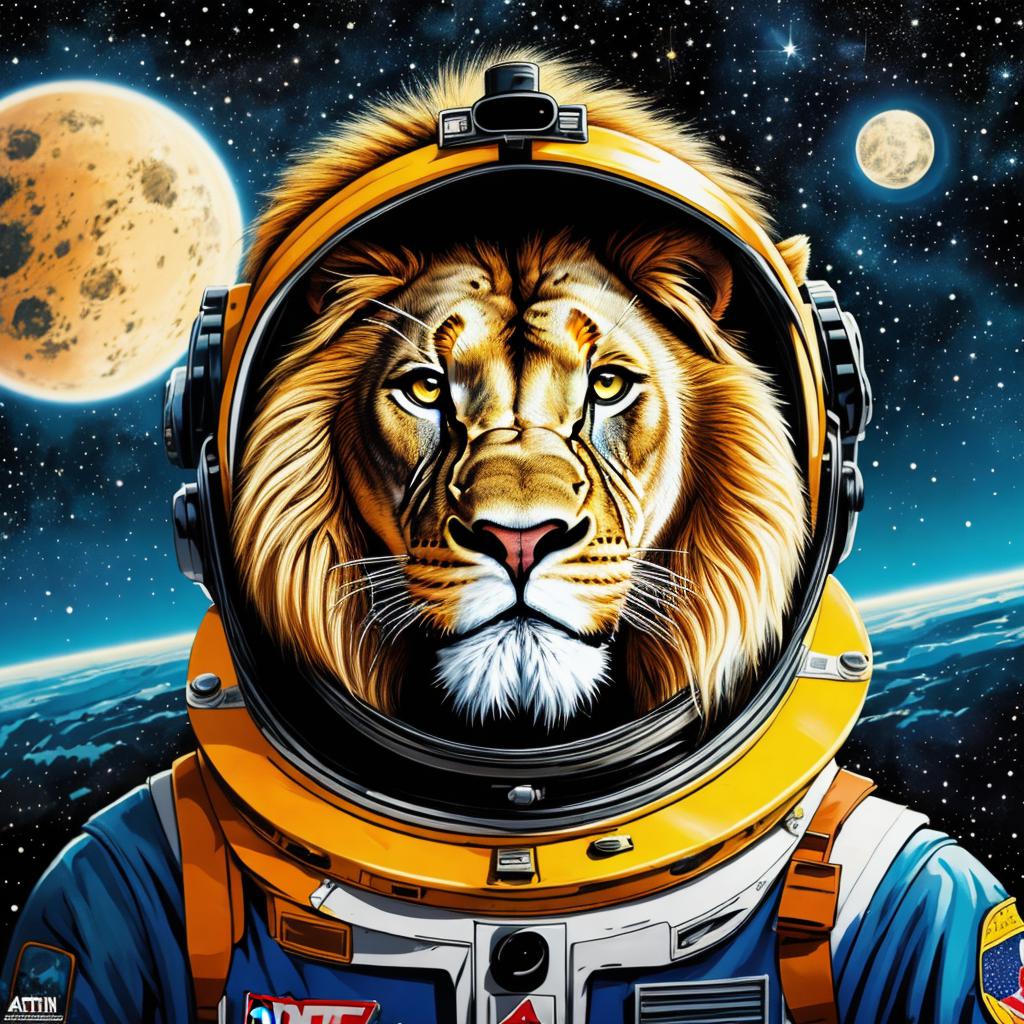 Lion astronauta Pop art,Advertising,Comic by @ai_generated