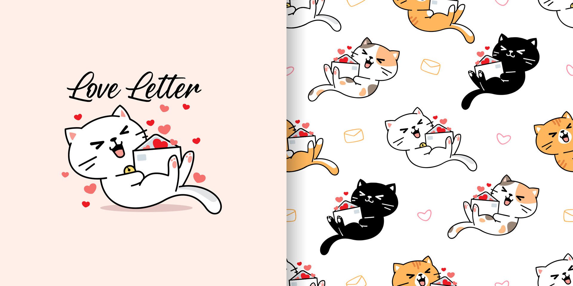 Cute hand drawn cat with love letter seamless pattern and illustration Free Vector