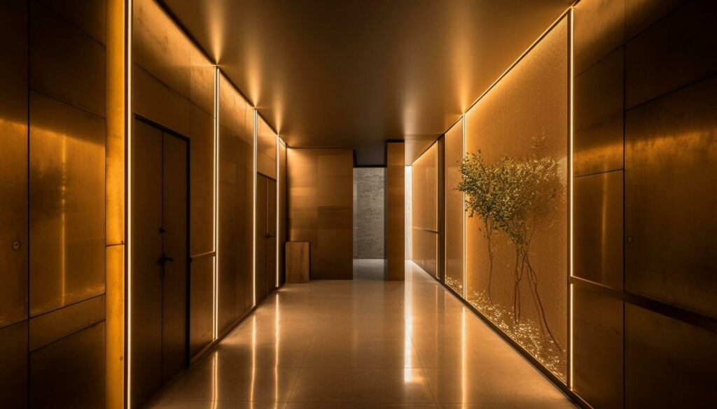 Futuristic design illuminates modern apartment empty corridor generated by AI Stock Free