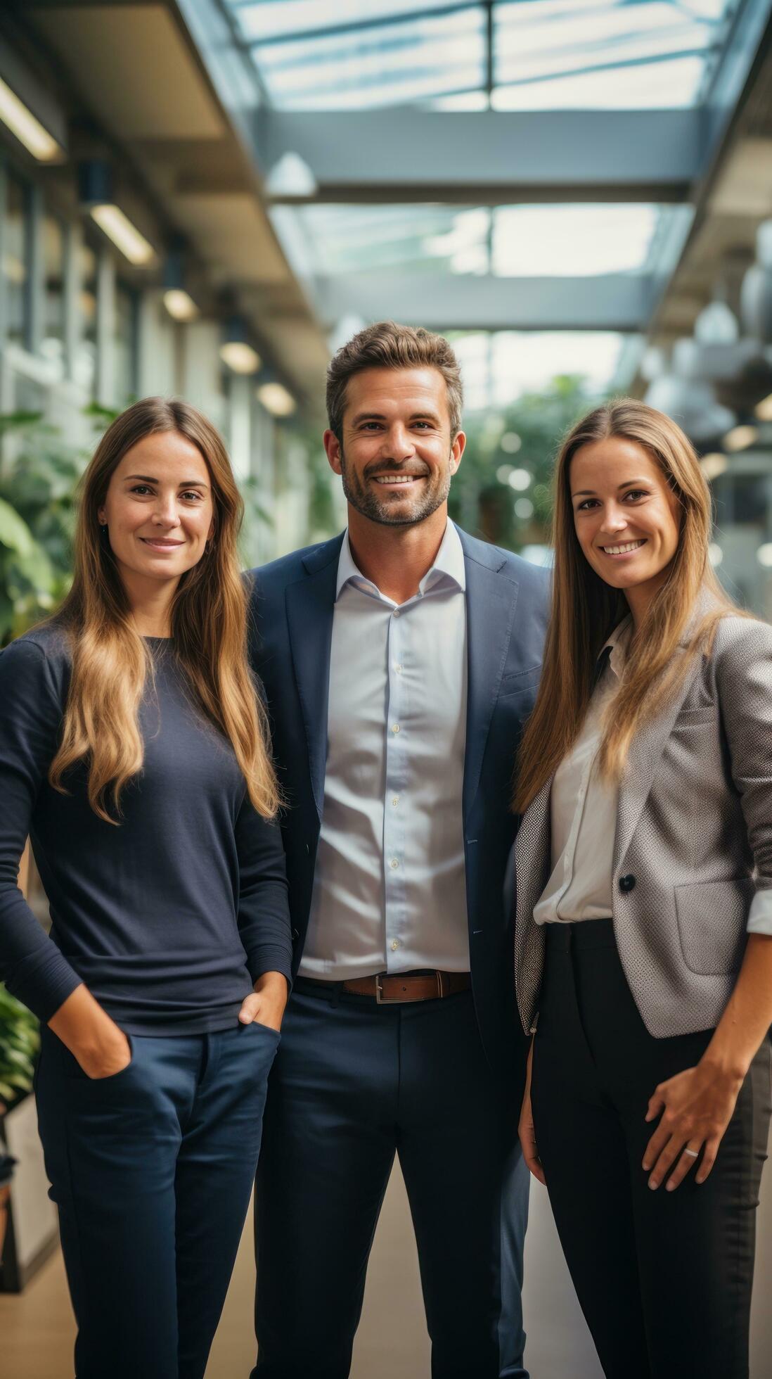 Happy team standing together in modern office Stock Free