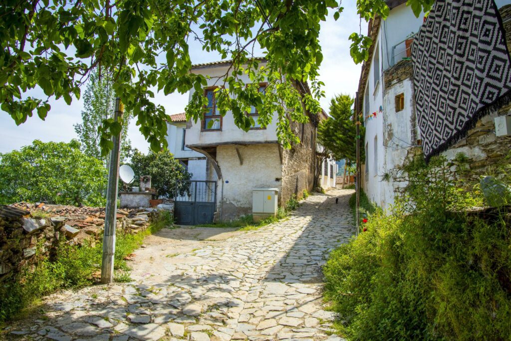 Narrow streets in a Turkish city on a summer and sunny day with old and masonry wooden houses. Stock Free