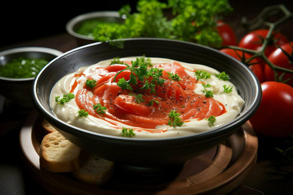 A delicious tomato soup food in a bowl. Winter food and healthy protein soup meal concept by AI Generated Stock Free