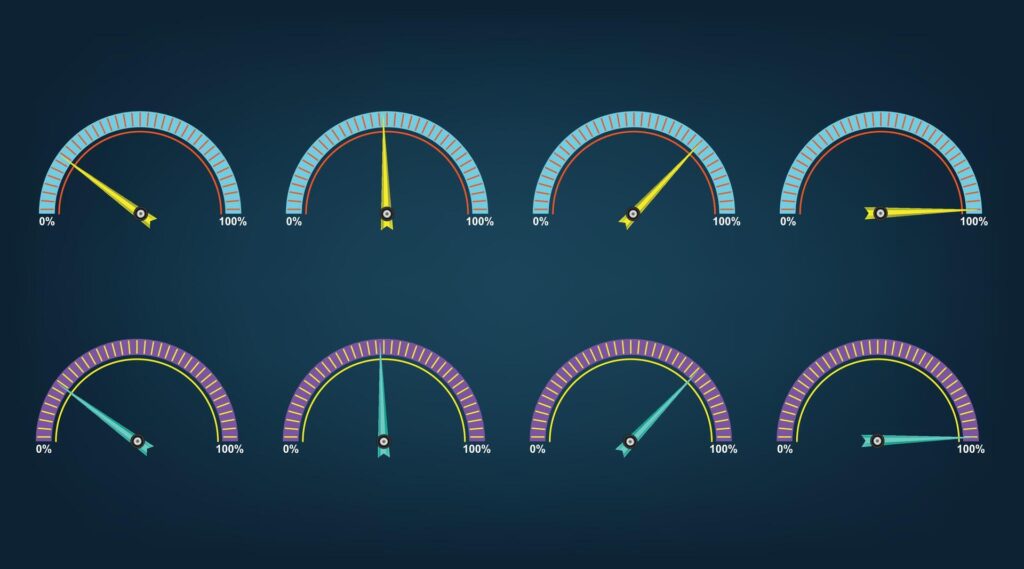 Gauge or meter indicator. Speedometer icon with red, yellow, green, purple scale and arrow. Progress performance chart. Stock Free