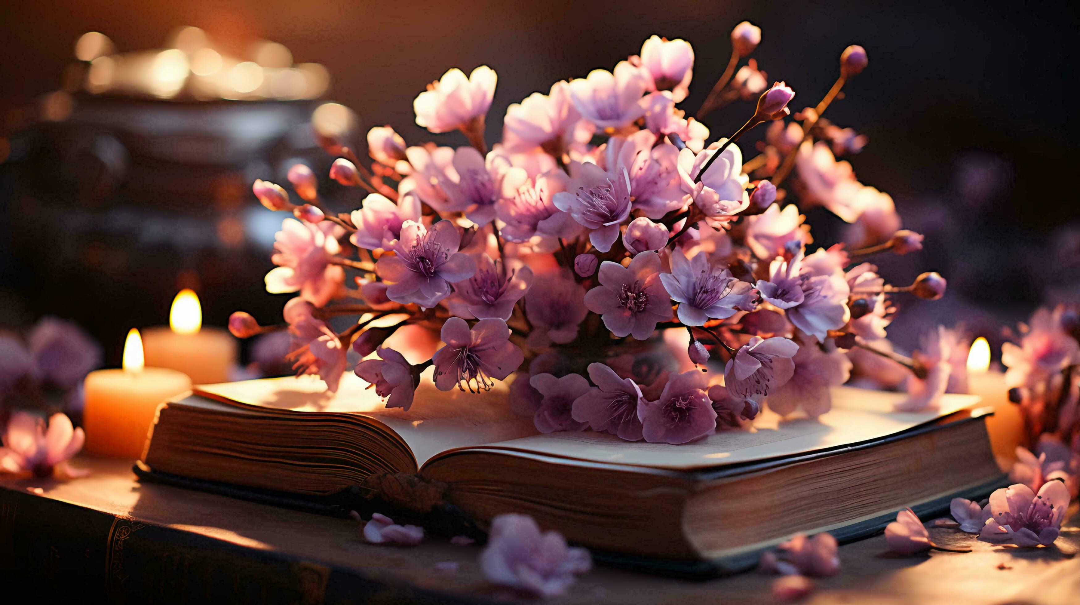 Natural beautiful flowers lie on the pages of an open book against the backdrop of nature. AI generated Stock Free