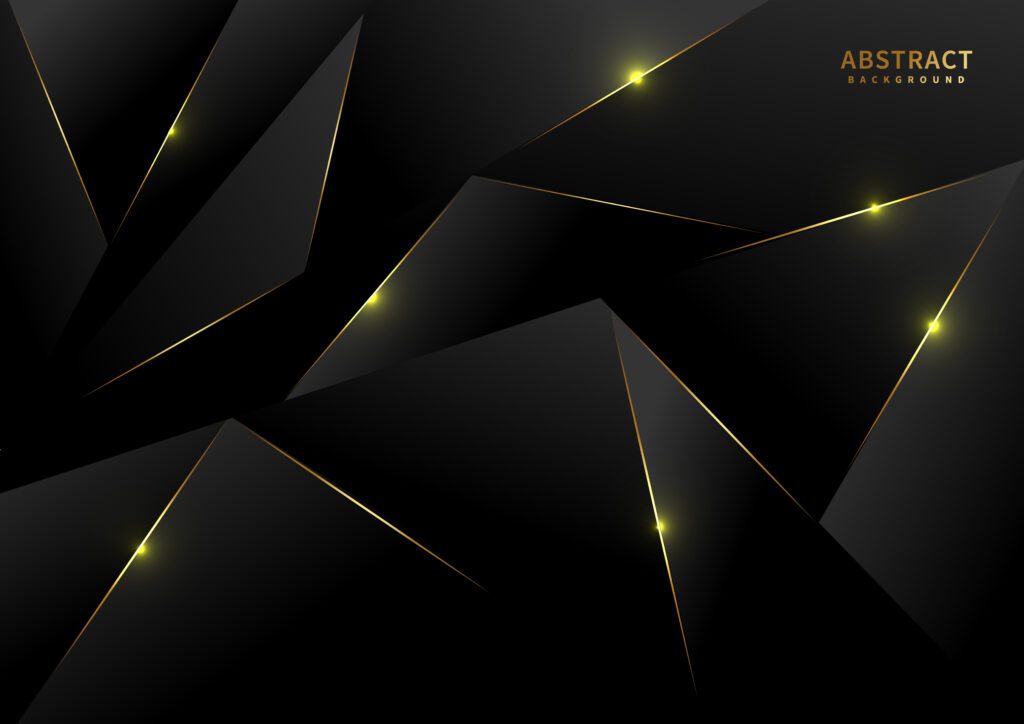 Abstract black polygon pattern with gold laser light lines on dark background luxury style. Free Vector