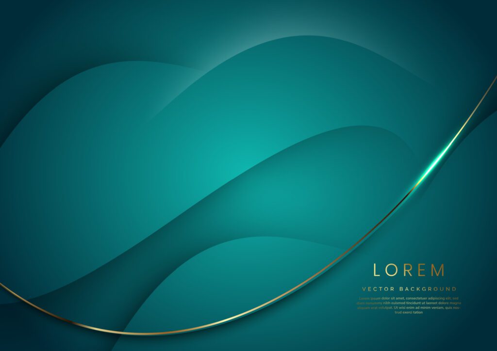 Abstract 3d green background with gold lines curved wavy sparkle with copy space for text. Luxury style template design. Free Vector