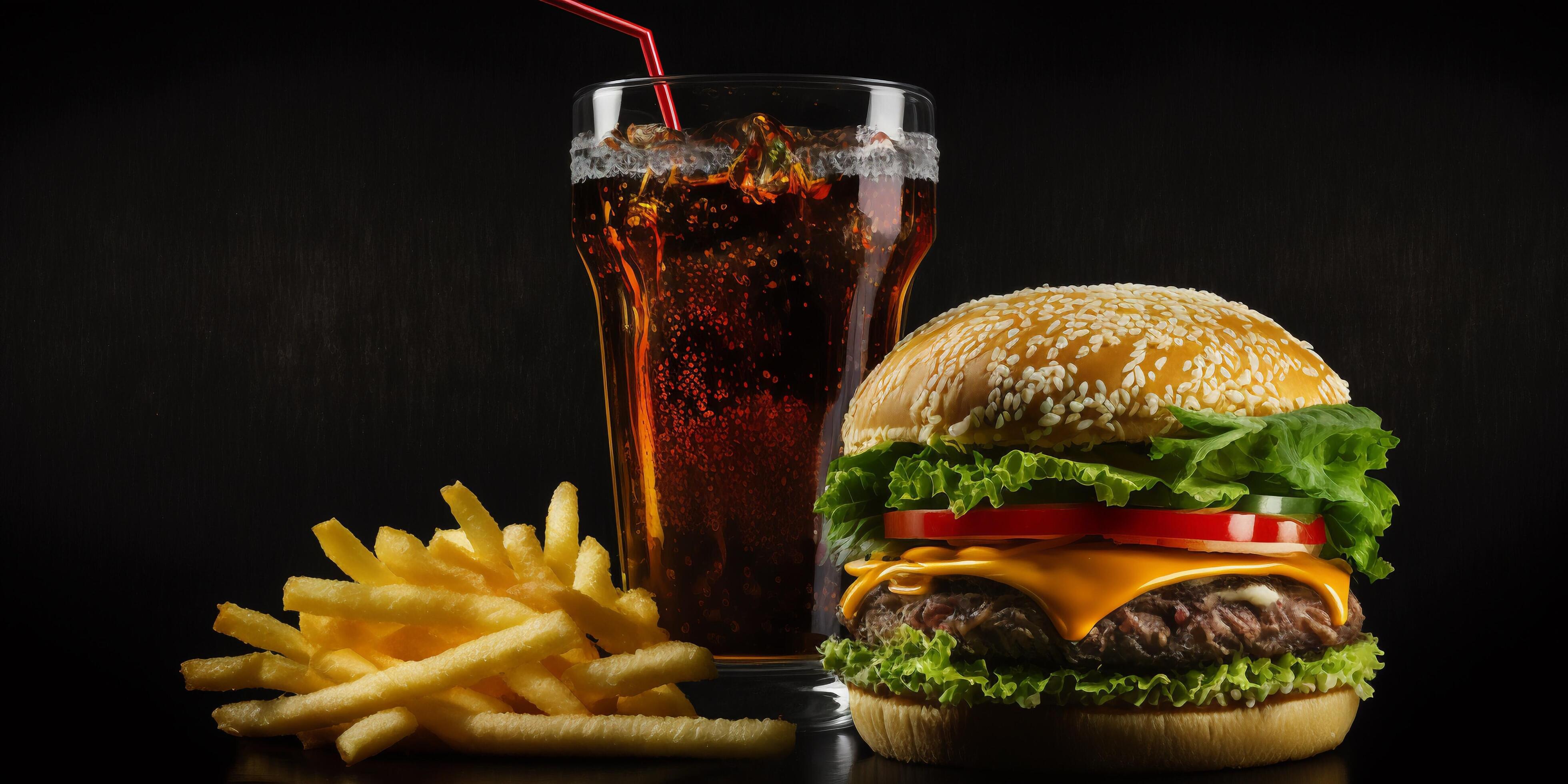 The fast food meal in the black background with . Stock Free