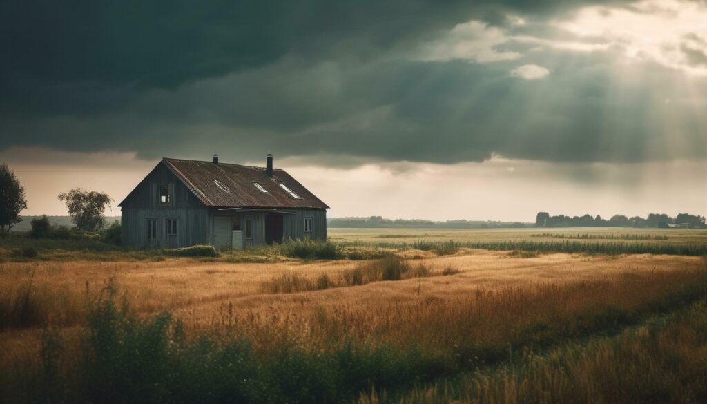 Abandoned farm in spooky autumn forest at dusk generated by AI Stock Free