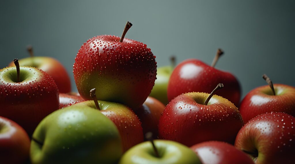 fake plastic apples, synthetically engineered in labs rather than grown from nature’s seeds background illustration. – Stock Free