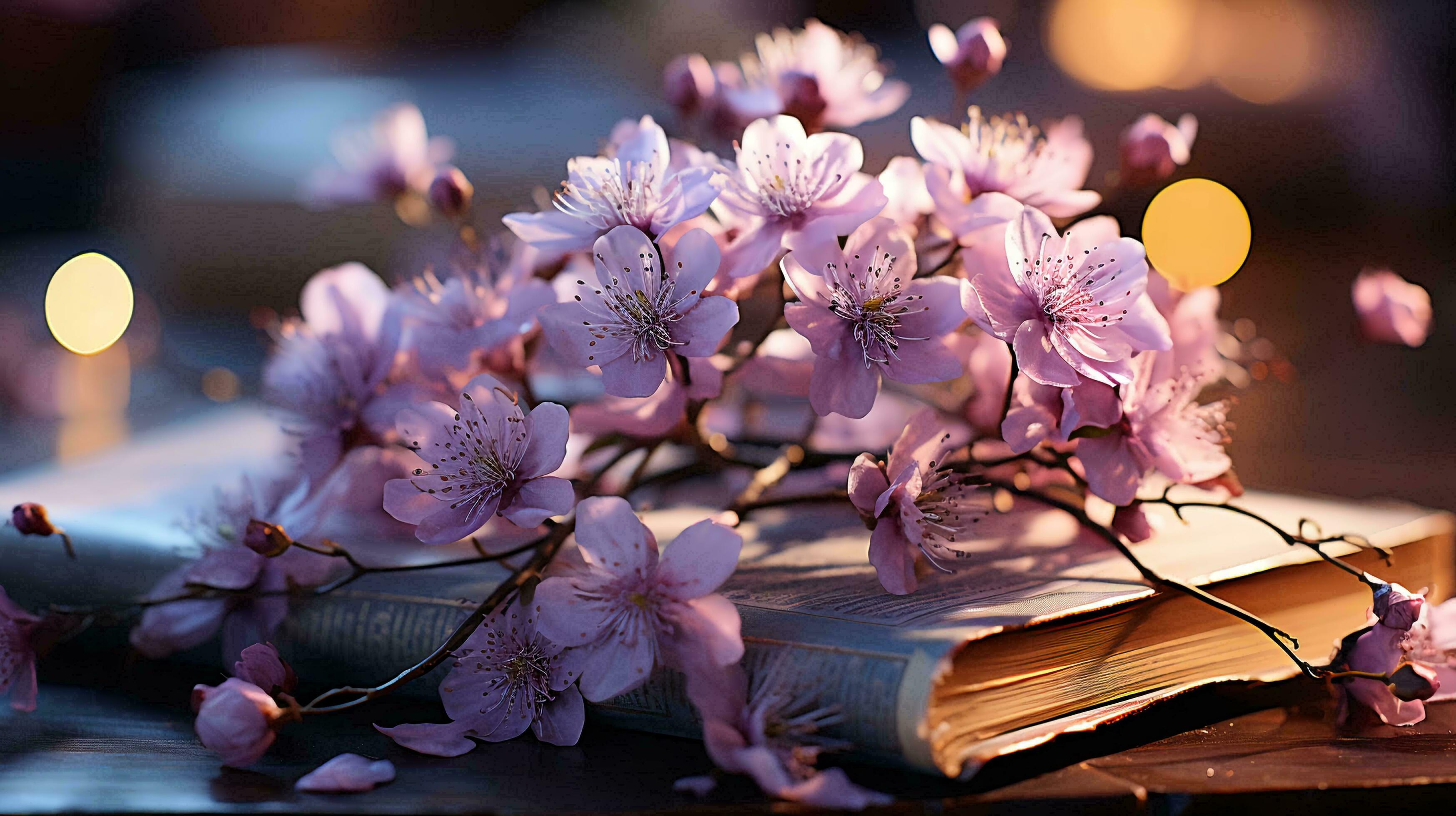 Natural beautiful flowers lie on the pages of an open book against the backdrop of nature. AI generated Stock Free