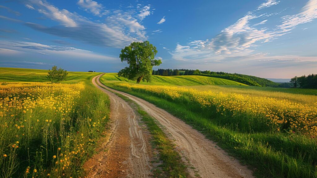 Scenic view of a rural dirt road winding through a vibrant green field with wildflowers under a blue sky, ideal for nature and travel themes. Stock Free