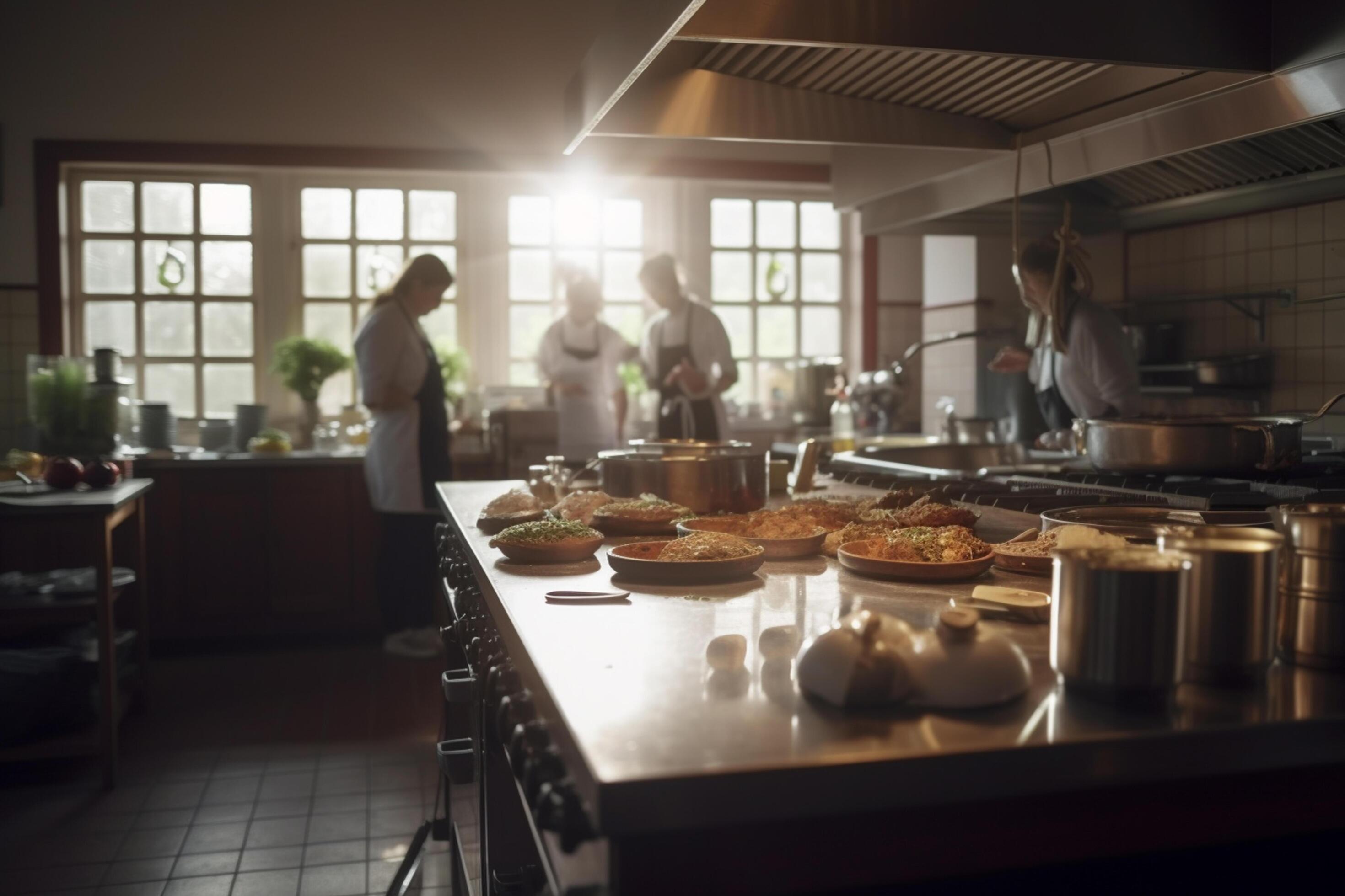 Behind the Scenes Busy Kitchen Staff Preparing Food in Restaurant or Hotel Kitchen Stock Free