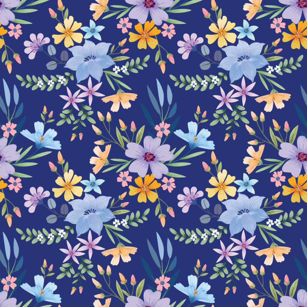 Beautiful blooming flowers design on blue color background seamless pattern. Free Vector