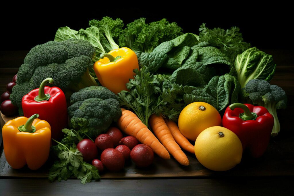 Collection mix fresh vegetables and fruits for a salad. Healthy diet concept and vegetables food by AI Generated Stock Free