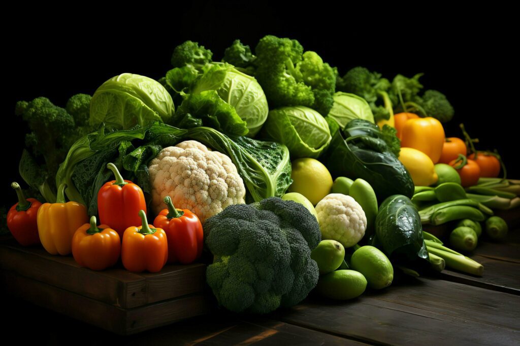 Collection mix fresh vegetables and fruits for a salad. Healthy diet concept and vegetables food by AI Generated Stock Free