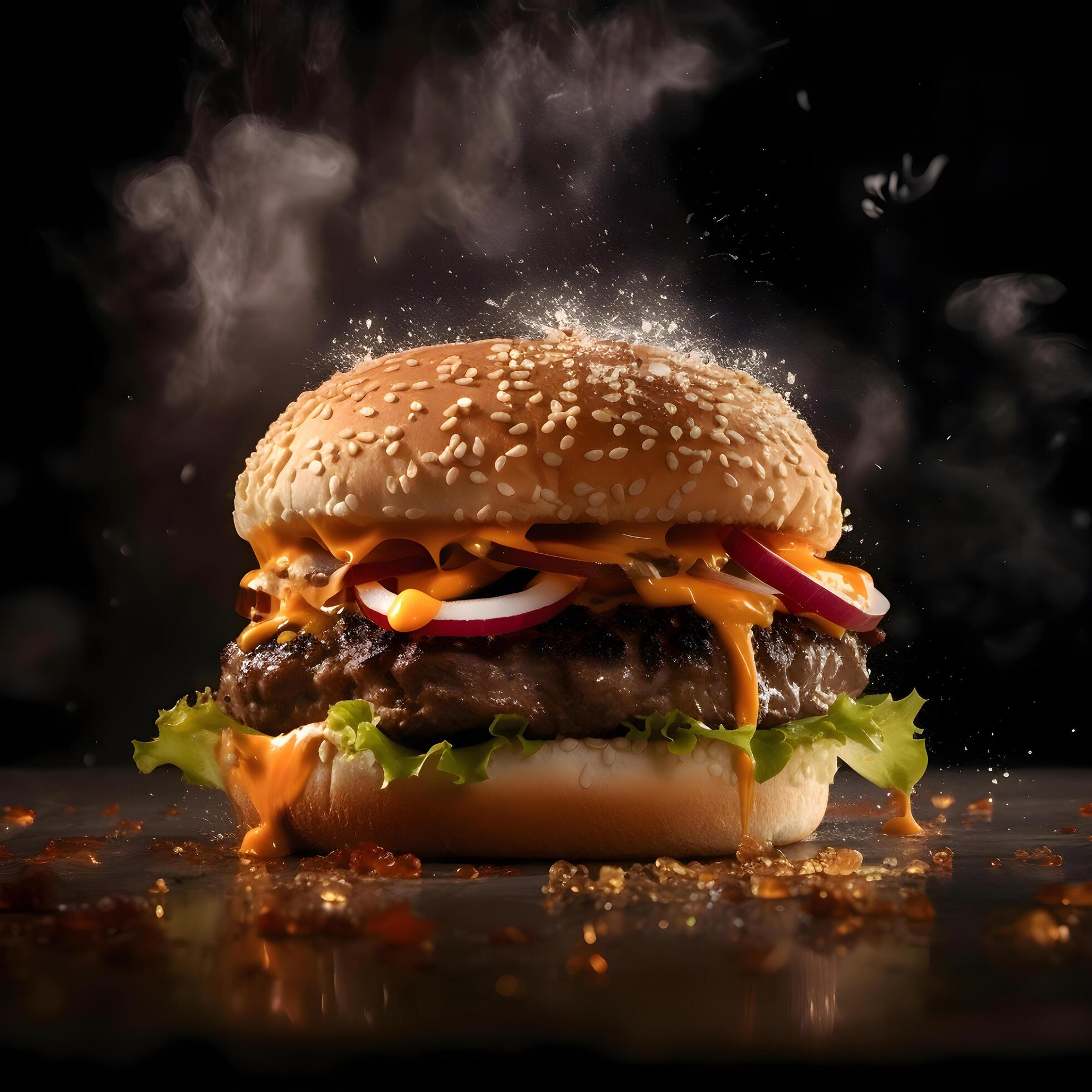 Burger with flying ingredients on a black background. Concept of fast food., Image Stock Free