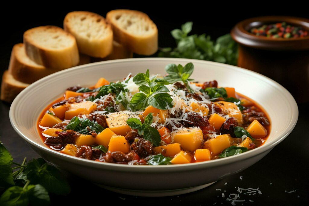 A delicious minestrone soup food in a bowl. Italian food and healthy protein soup meal concept by AI Generated Stock Free