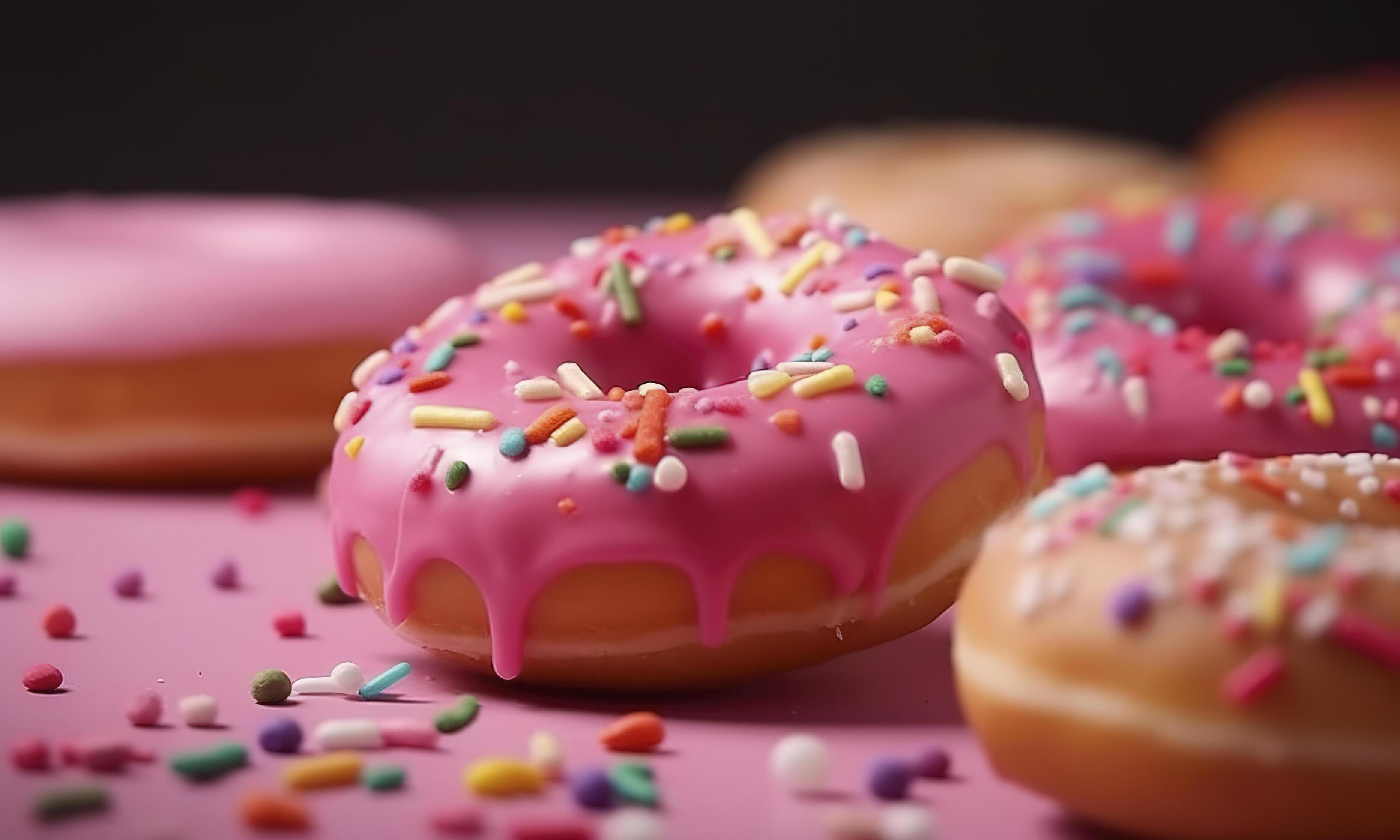 Pink donuts with sprinkles. Sweet food background, freshly baked donut. image. Stock Free