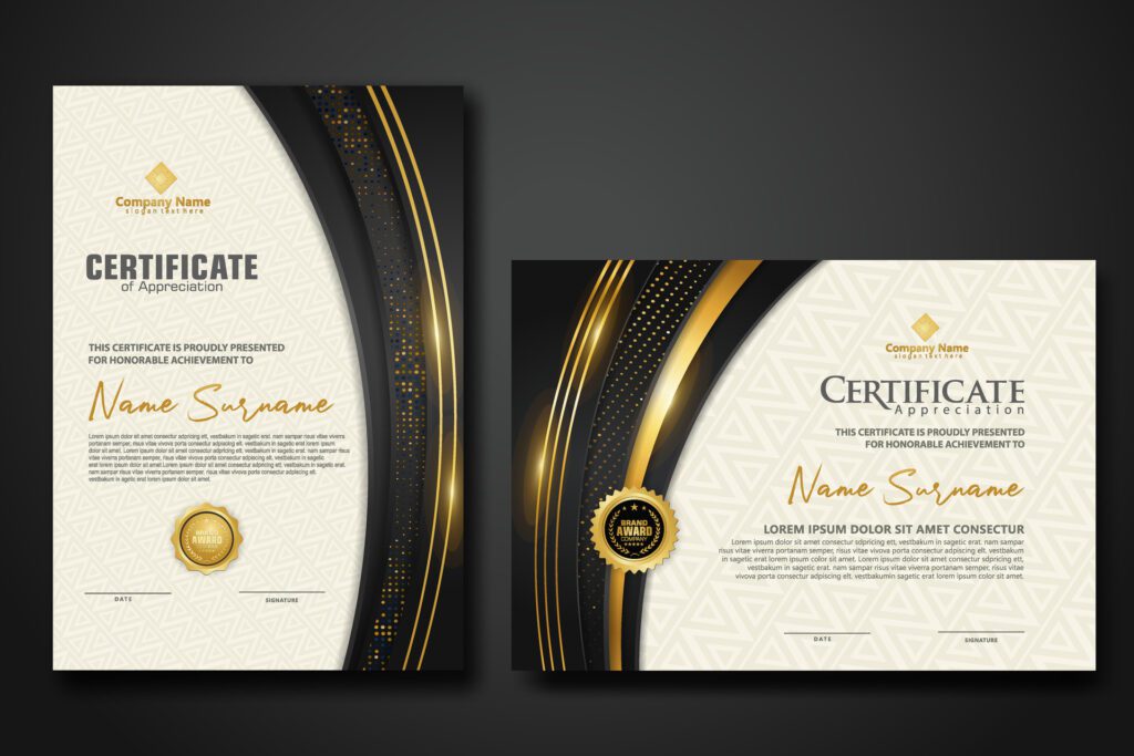 Luxury certificate template with glitter effect dan lines gold shine on frame background Free Vector